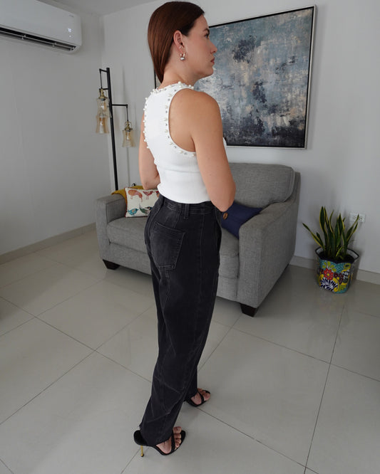 BLACK DENIM BARREL JEAN
